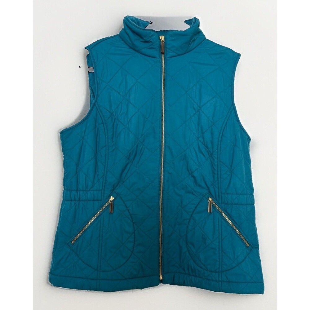 Talbots Teal Blue Diamond Quilted Vest Fleece Lined Zip Women's Size Medium M